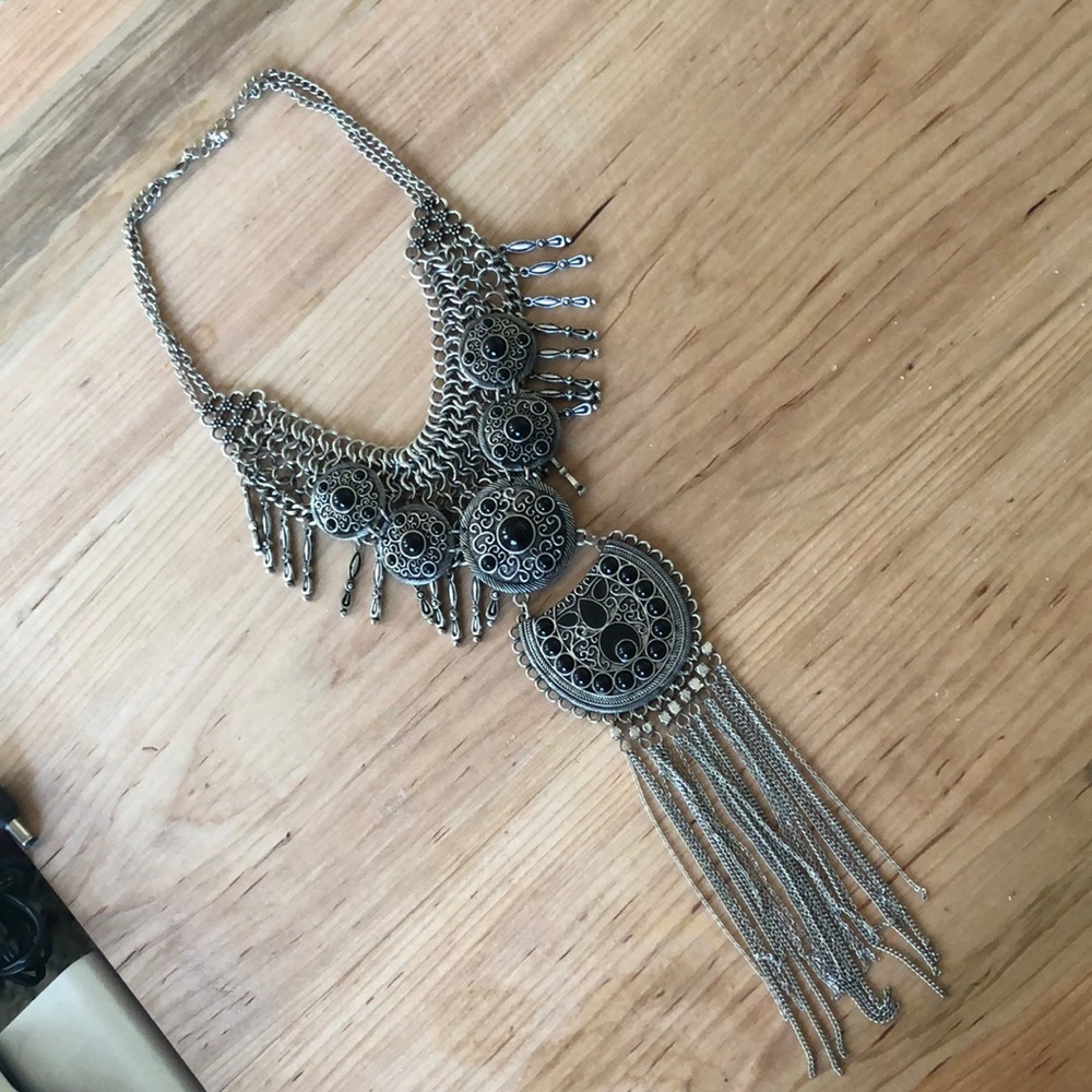 Free People Antique Silver-Tone Filigree Fringe Statement Necklace